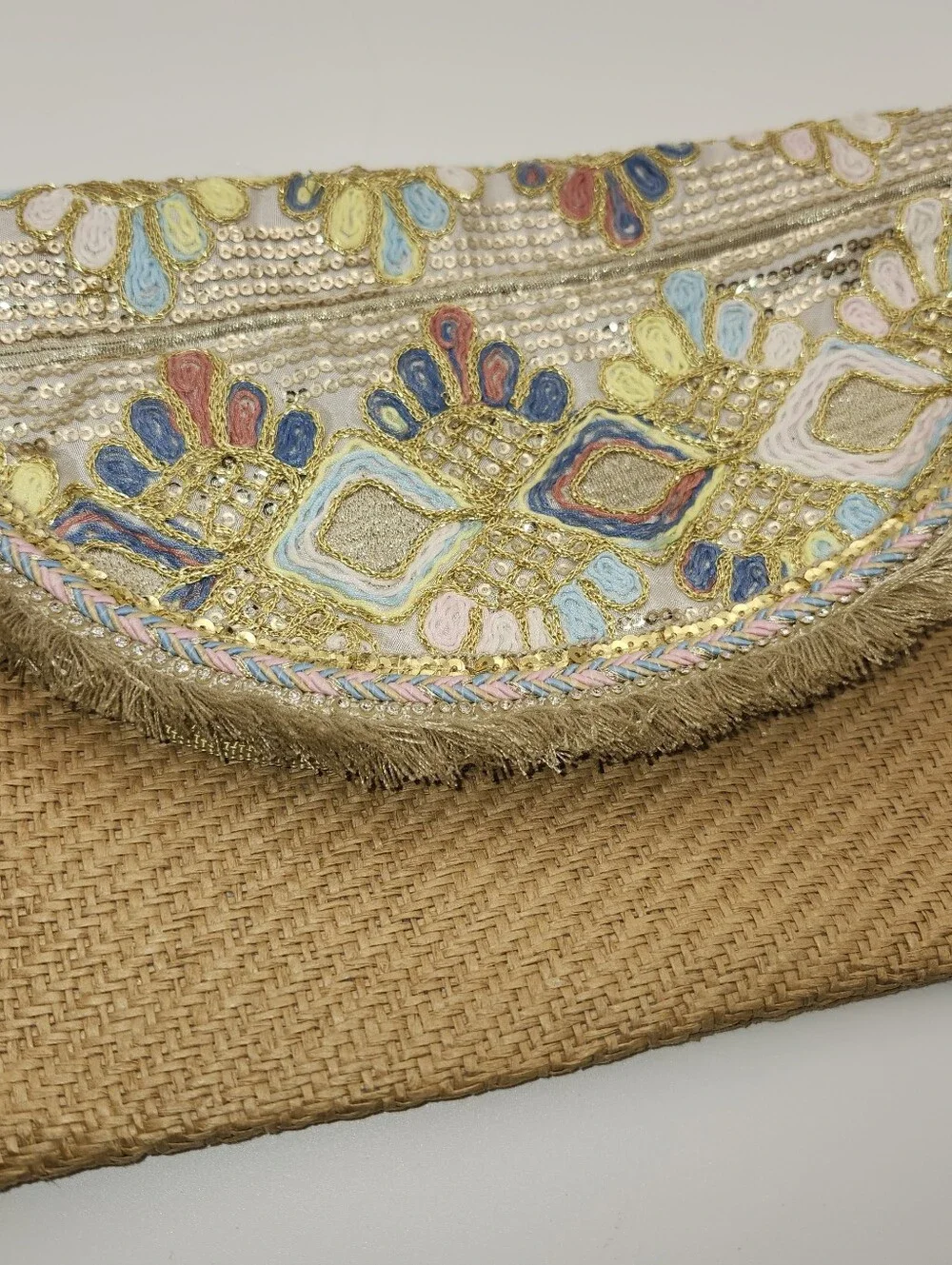 Embroidered Straw Clutch in Tan, Gold, Blue, Pink, Yellow